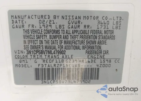 2021 Nissan Kicks S Xtronic Cvt из США, поврежденный, VIN 3N1CP5BV7ML479902